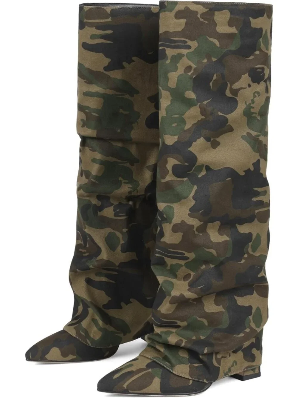 Women's Camoflage Pointed Toe Fold Over Chunky Block Heel Slouchy Knee High Boot